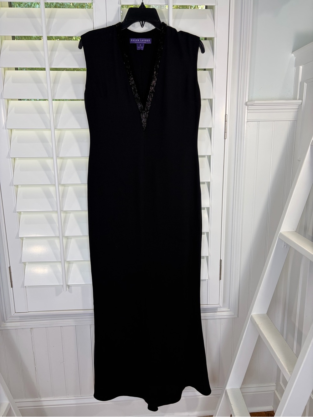 Ralph Lauren Purple Label Black 100% Silk Beaded V-Neck Sleeveless Evening Gown